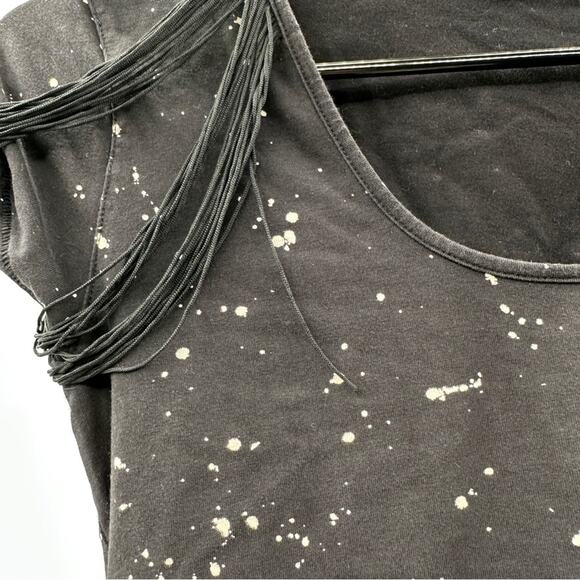 Armani Exchange Black & Cream Paint Splatter Fringe Shoulder Short Sleeve Shirt - Picture 5 of 5